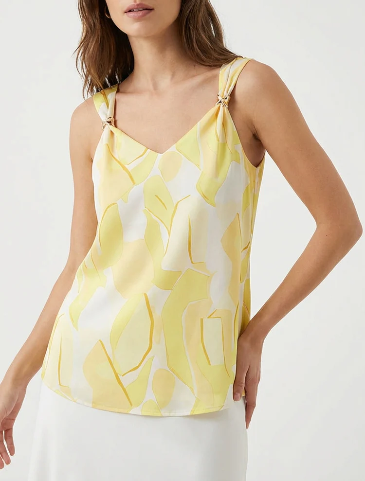 Satijnen top met abstracte juweelprint - Geel - Image 4