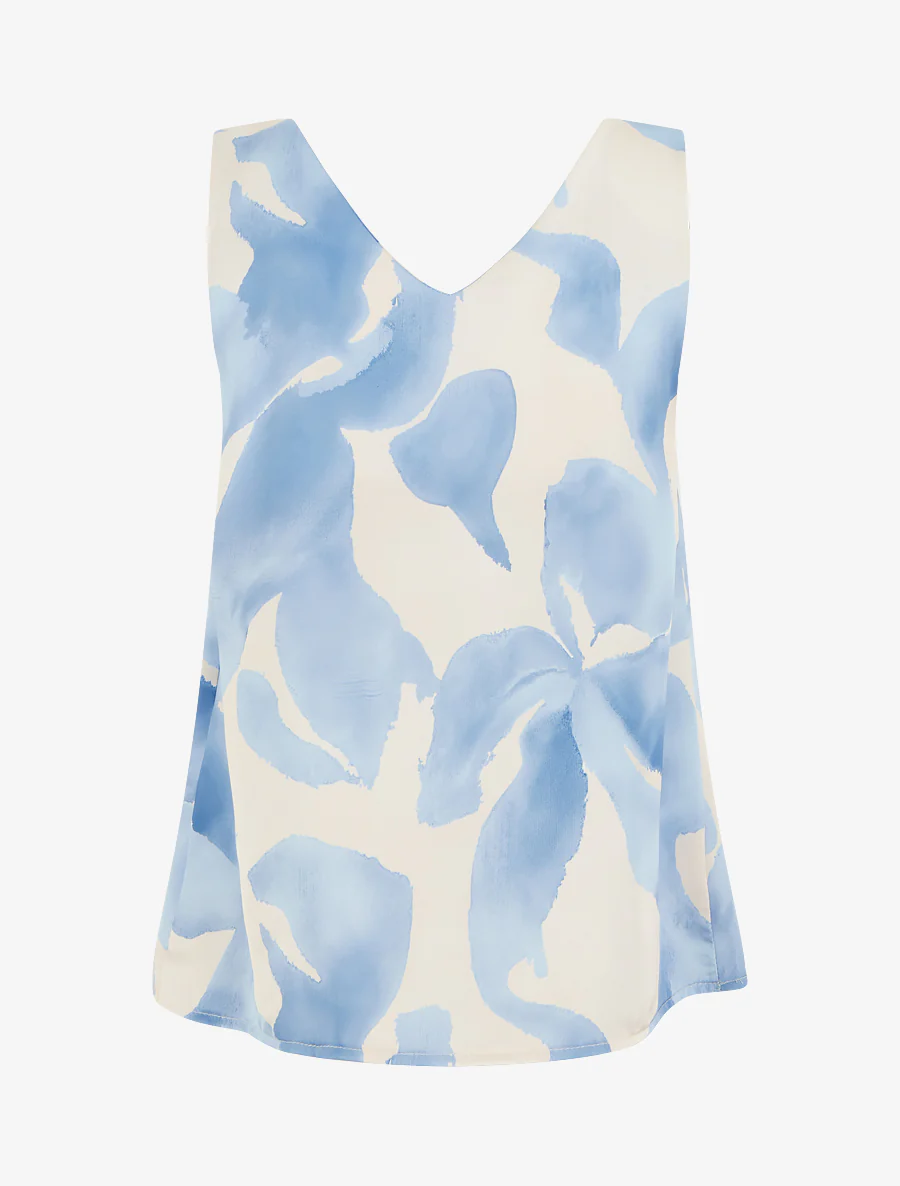 Satijnen top met fantasieprint en sierbandjes. - Lichtblauw - Image 2