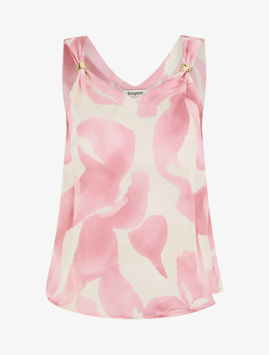 Satijnen top met fantasieprint en sierbandjes. - Roos