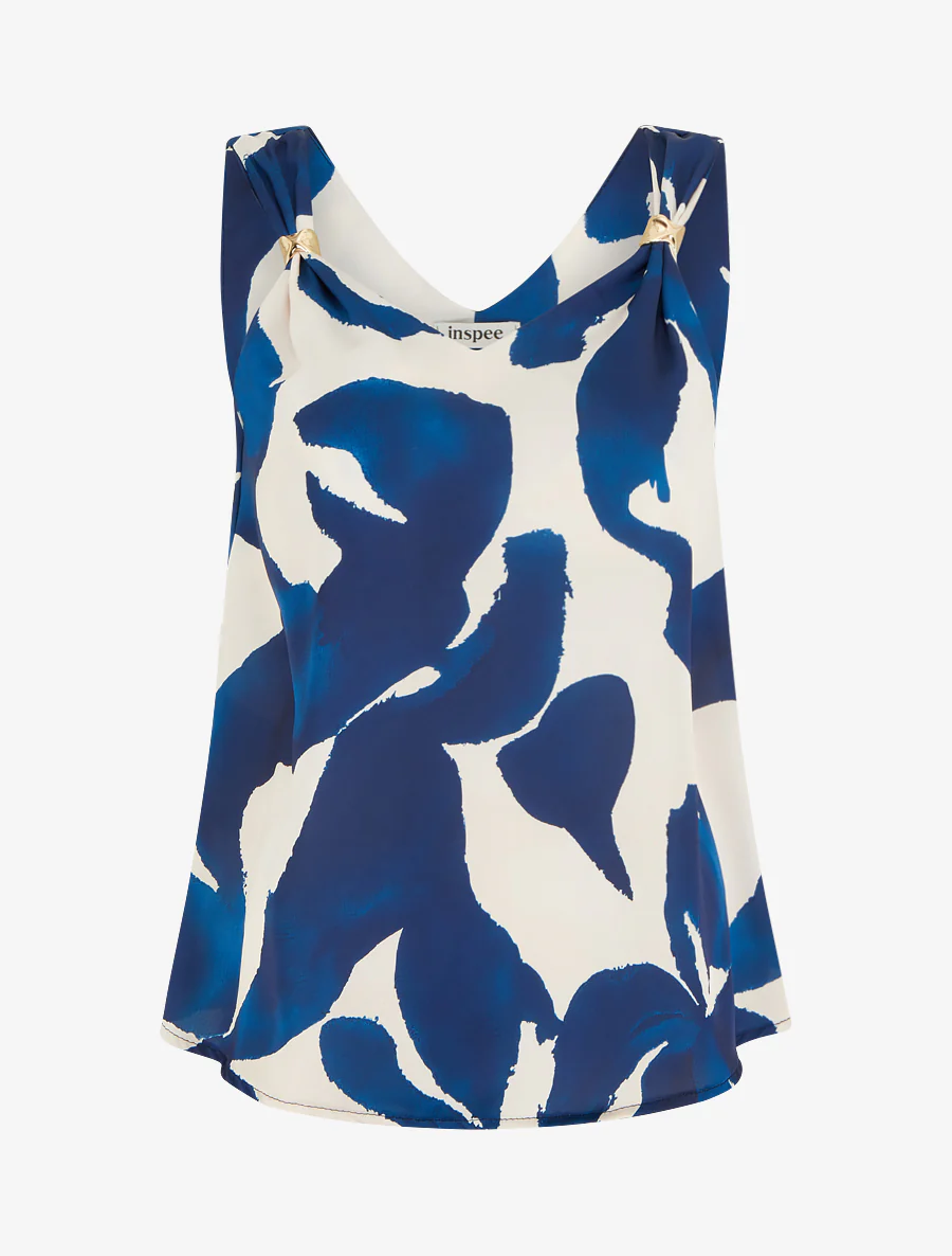 Satijnen top met fantasieprint en sierbandjes. - Marine
