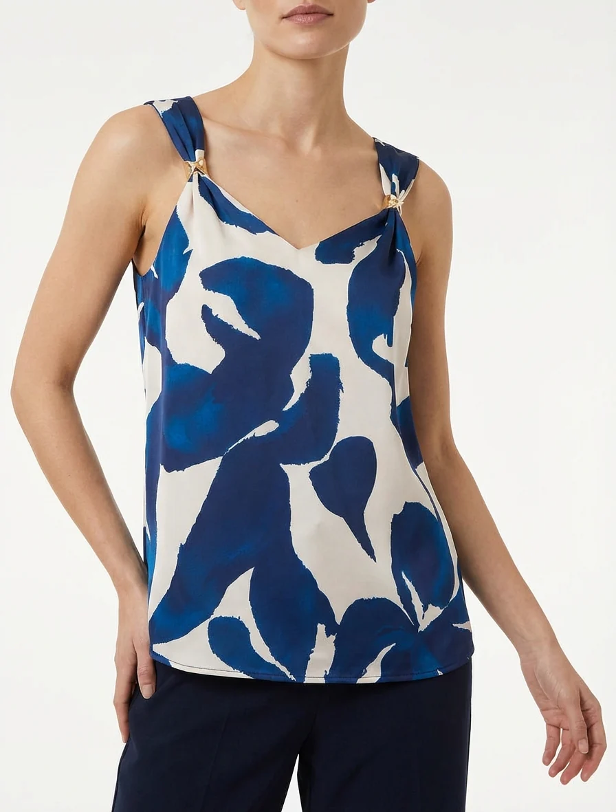 Satijnen top met fantasieprint en sierbandjes. - Marine - Image 4