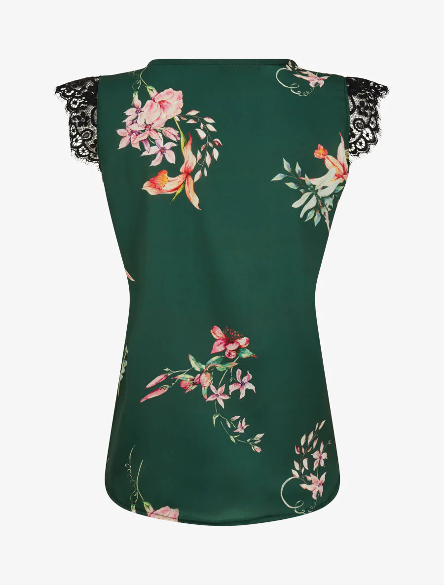 Satijnen top met fleur-de-lis-print en kanten detail - smaragdgroen - Image 2