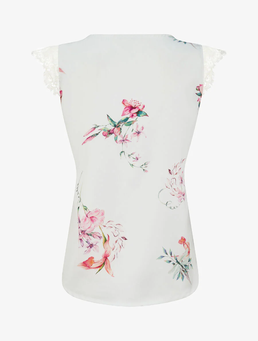 Satijnen top met fleur-de-lis-print en kanten detail - wit - Image 2