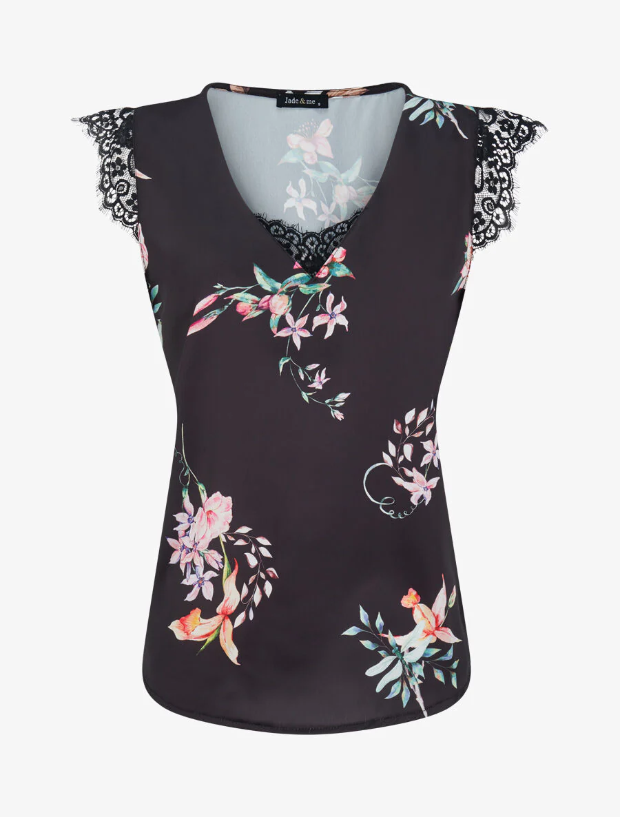 Satijnen top met fleur-de-lis-print en kanten detail - zwart