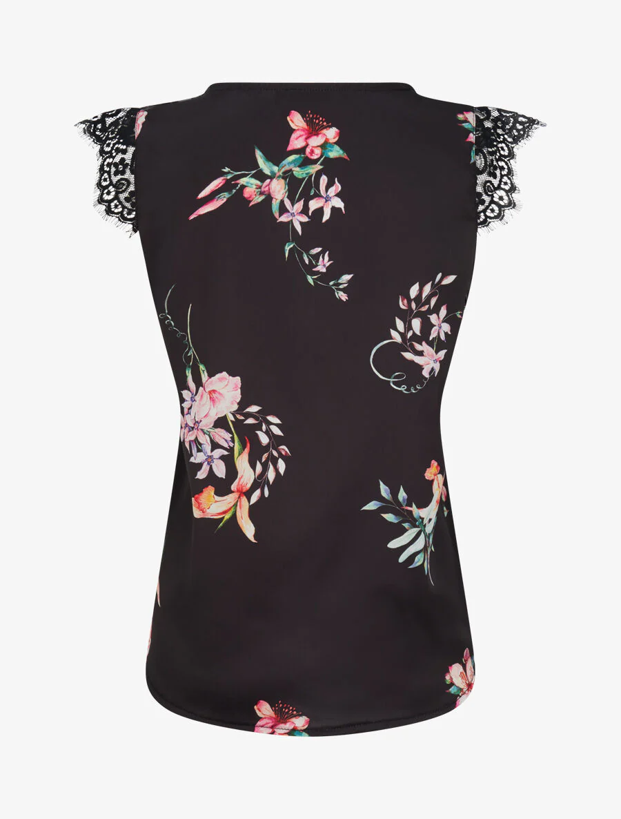 Satijnen top met fleur-de-lis-print en kanten detail - zwart - Image 2