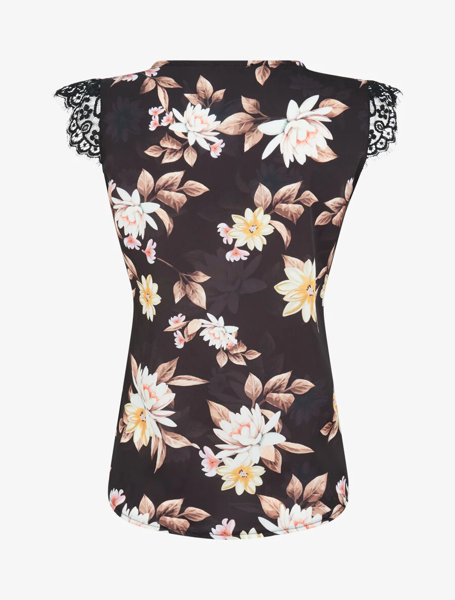Satijnen top met lotusbloemenprint en kanten detail - zwart - Image 2