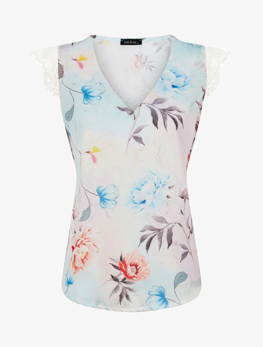 Satijnen top met pioenrozenprint en kanten detail - Beige