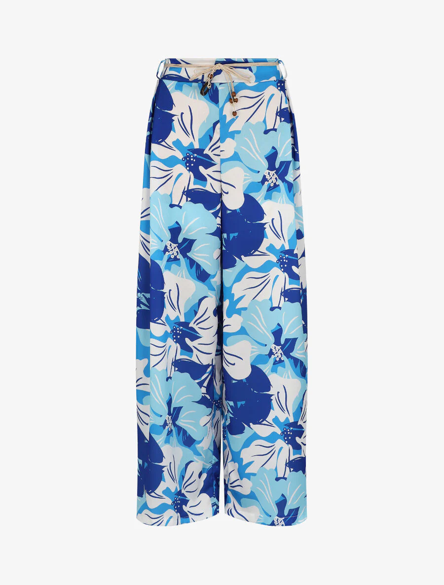 Satijnen wijde bloemenprint hibiscus broek - Blauw