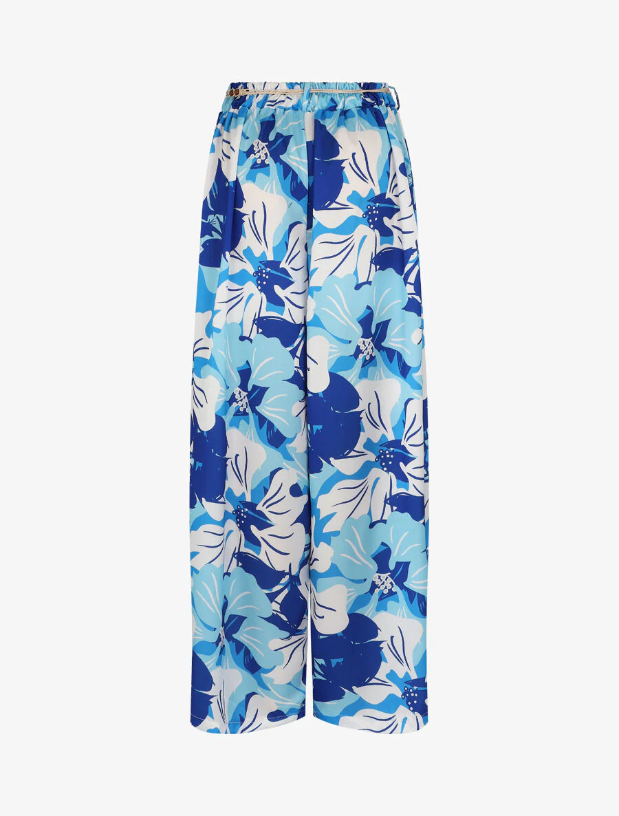 Satijnen wijde bloemenprint hibiscus broek - Blauw - Image 2