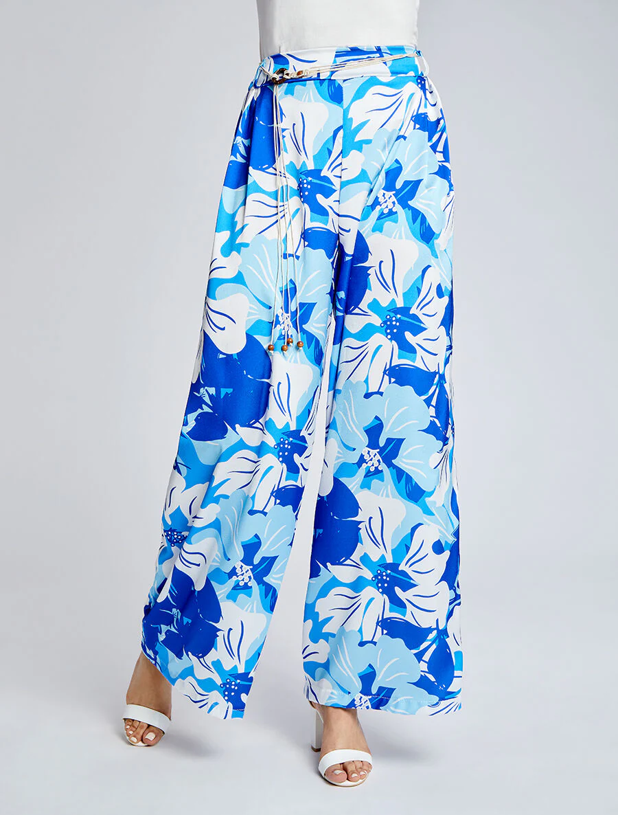 Satijnen wijde bloemenprint hibiscus broek - Blauw - Image 4