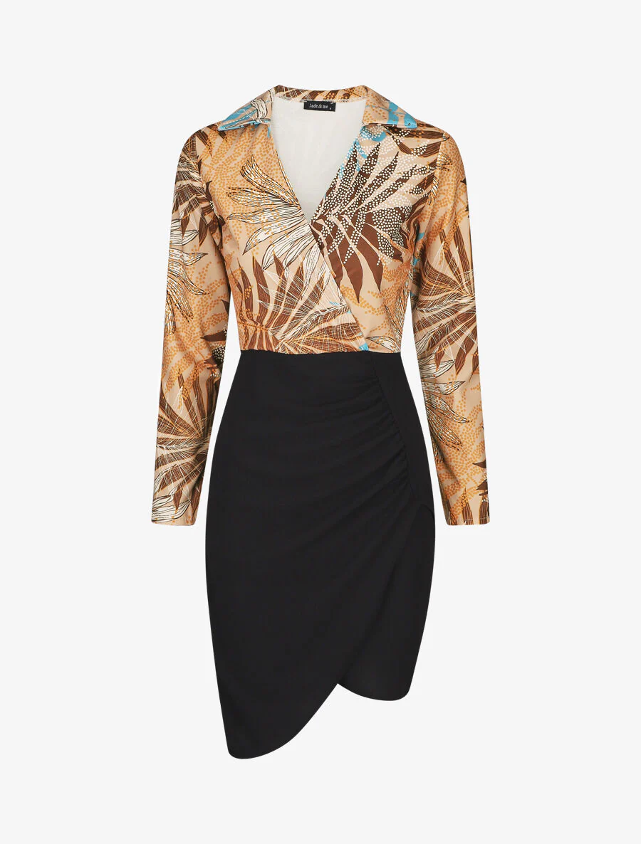 Schouderloze jurk met bloemenprint - Camel