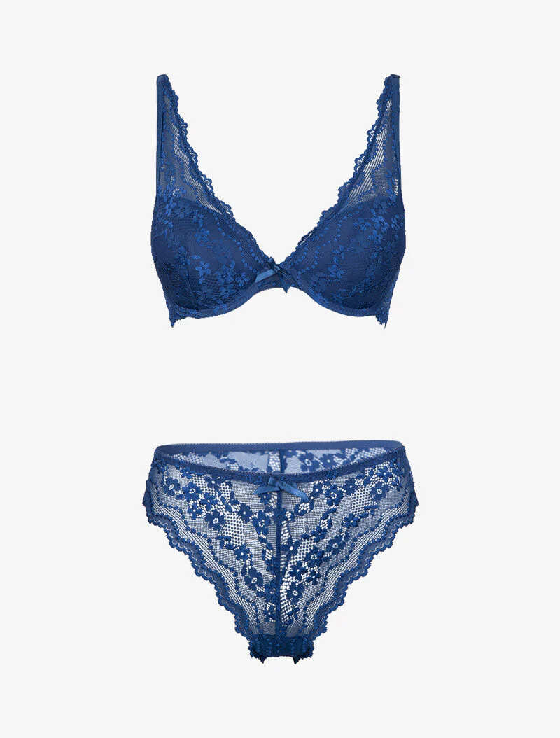 Set push-up bh in bloemenkant - elektrisch blauw