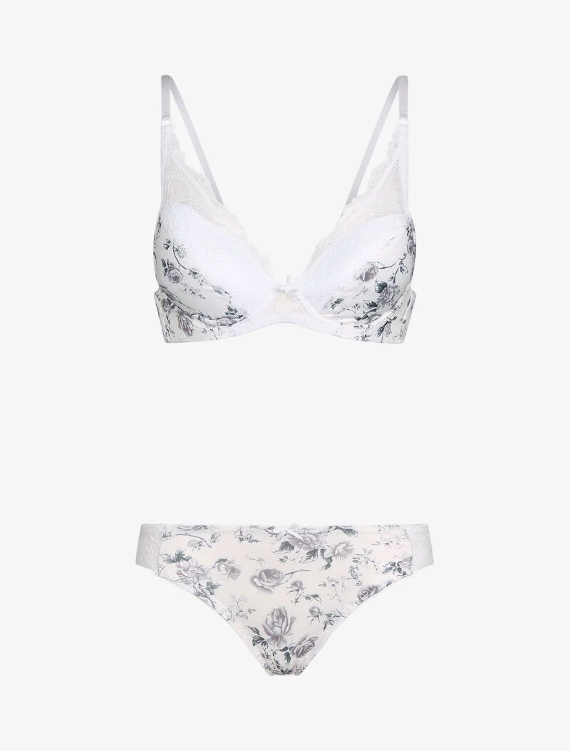 Set bedrukt met bloemen en kant - wit
