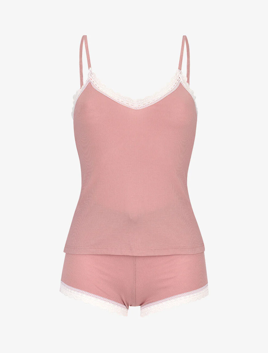 Geribbelde cami en short set - roze