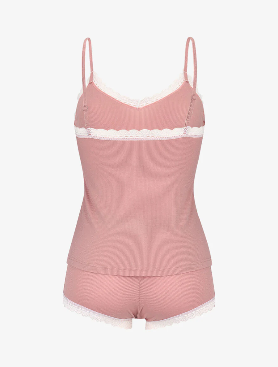 Geribbelde cami en short set - roze - Image 3