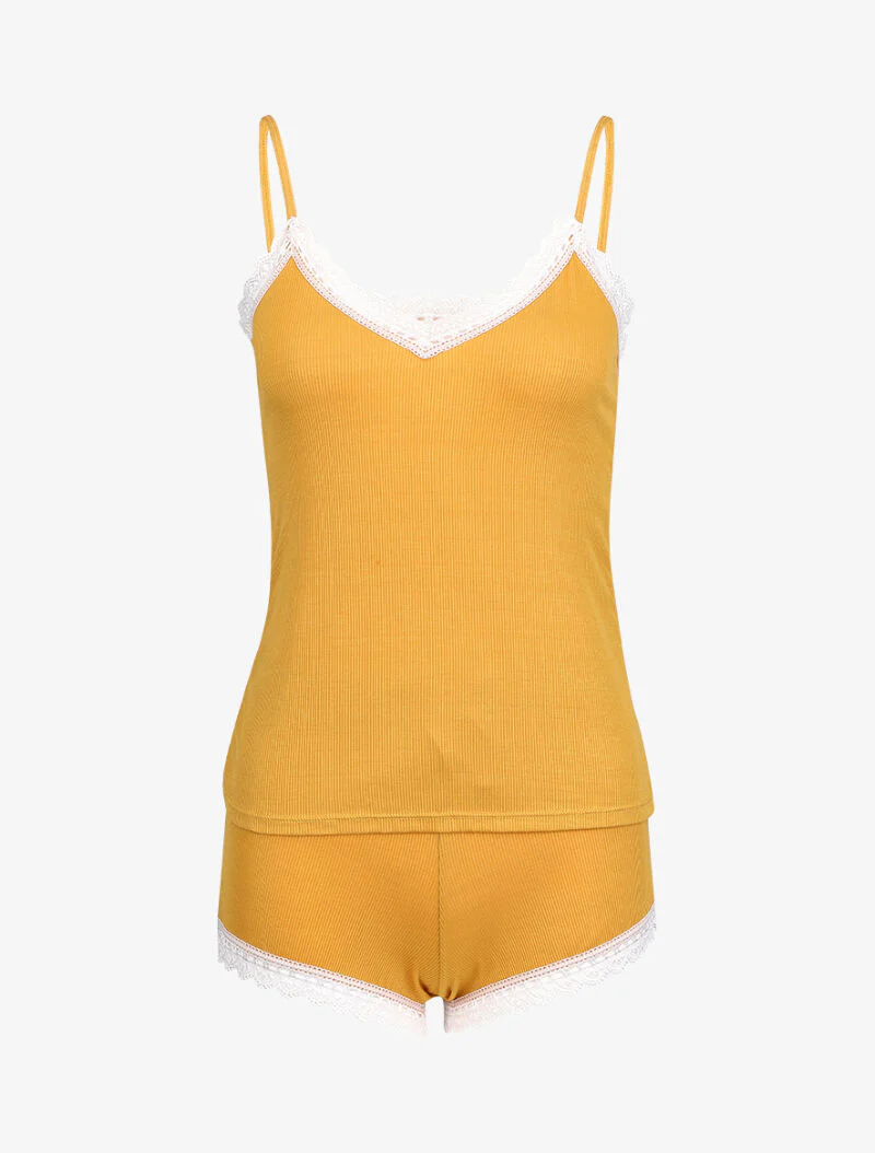 Geribbelde cami en shorty set - Geel