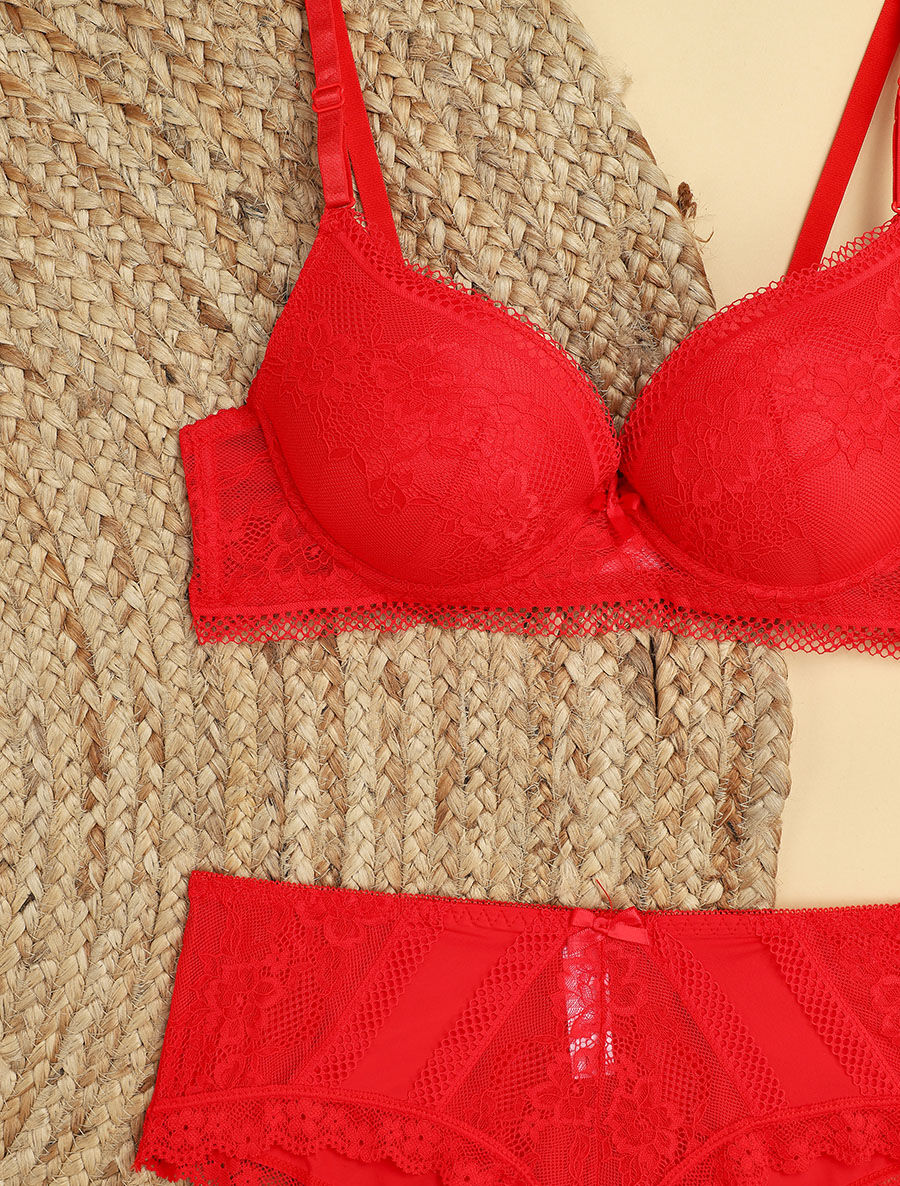 Set met fijne bloemenborduursels en shorty - Rood - Image 3