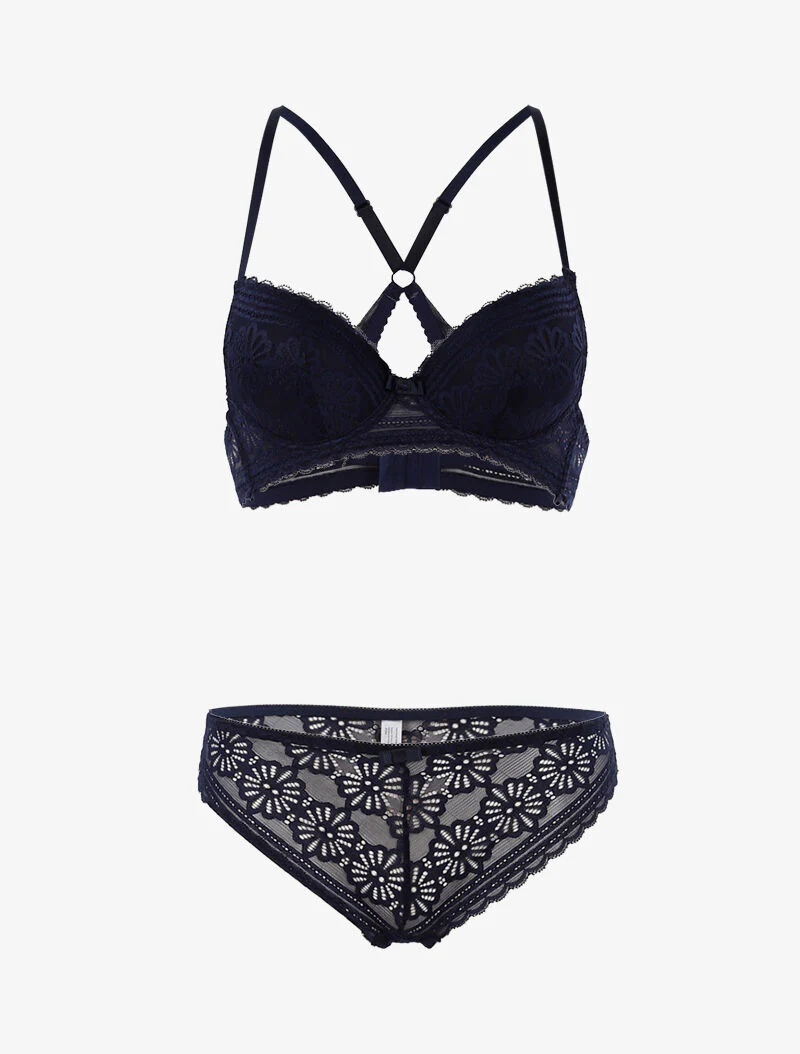 Bloemenkant set met racerback en string - marineblauw