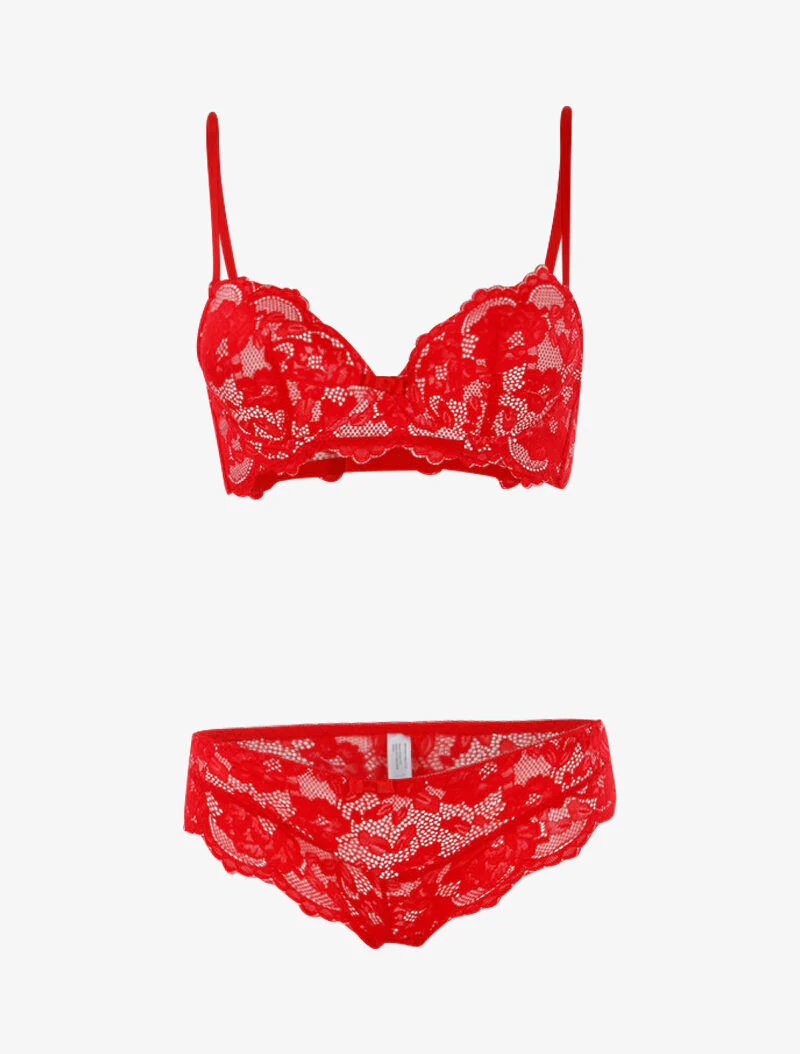 Kantenset met voering en string - rood/wit