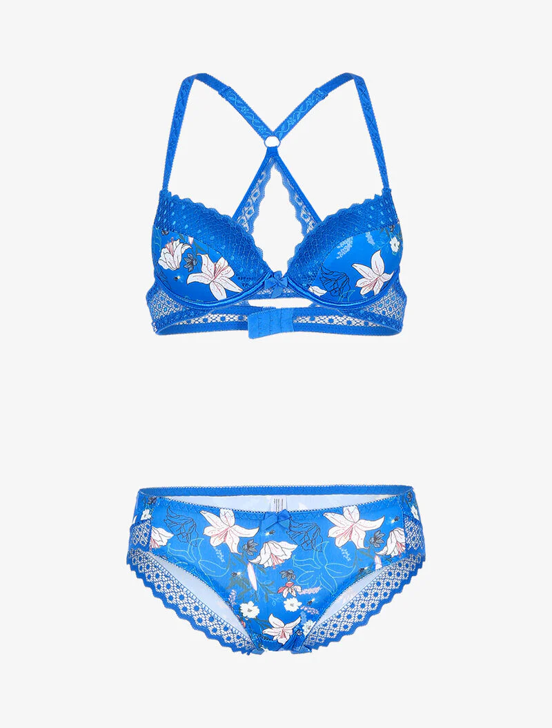Set met bloemenprint en geborduurde randen - elektrisch blauw