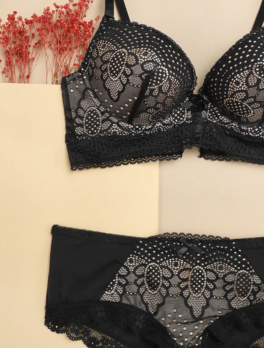 Set met brede boord in geprikte kant en shorty - Zwart/nude - Image 3