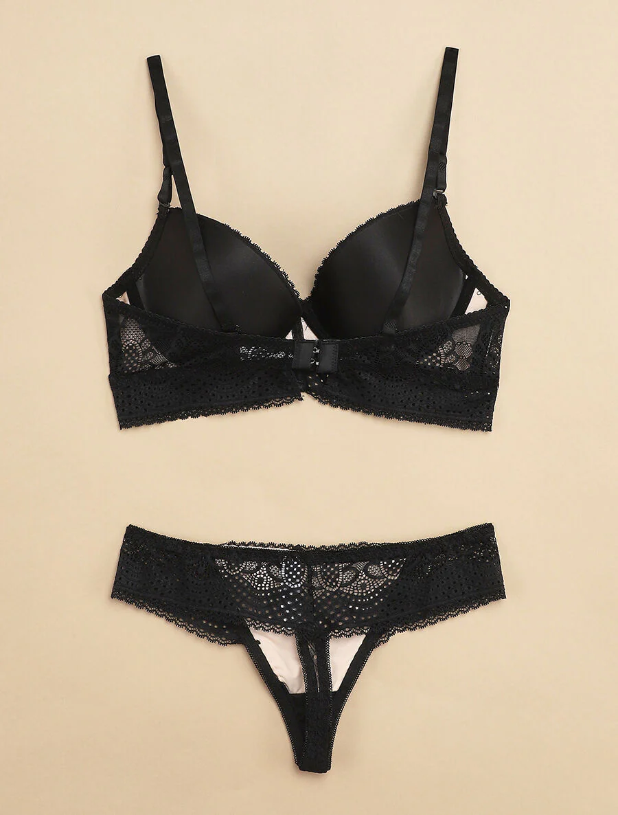 Set met brede boord in geprikte kant en string - Zwart/nude - Image 2