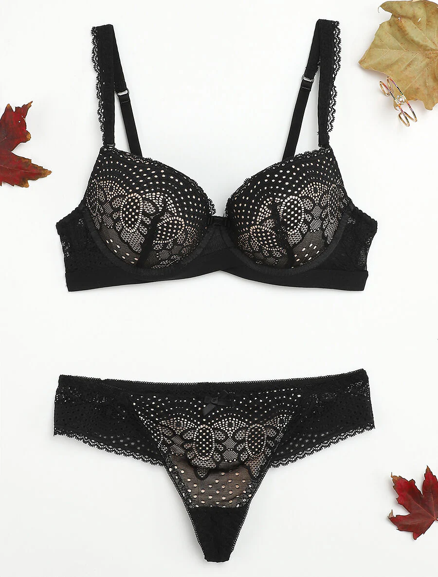 Set met elastische tailleband en string - Zwart/nude