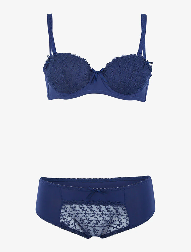 Set met grafisch borduurwerk inzetstuk - marineblauw