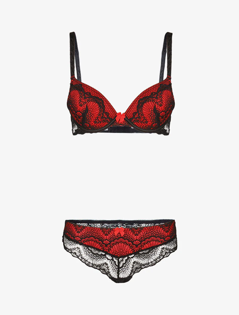 Set met inzetstukken van gaas en bloemenkant - zwart/rood