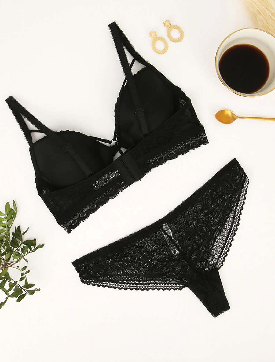 Set met kanten randen en lace out - Zwart - Image 2