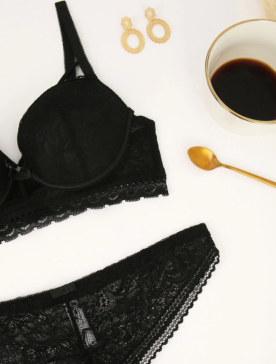 Set met kanten randen en lace out - Zwart - Image 3