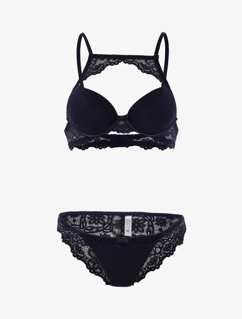 Set met kanten band en tanga - marineblauw