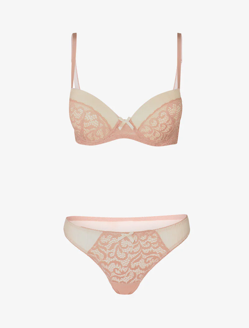 Set push-up in kant en tule - roze/beige