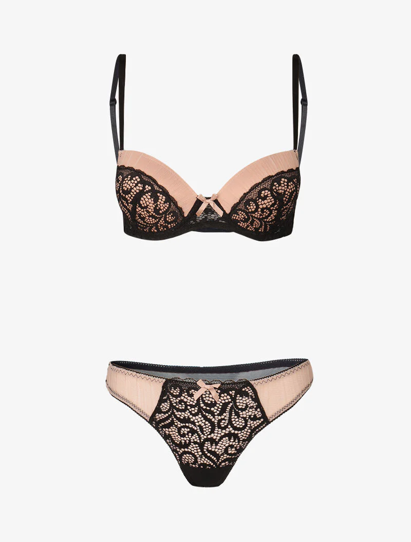 Push-up set in kant en tule - zwart/oude roze