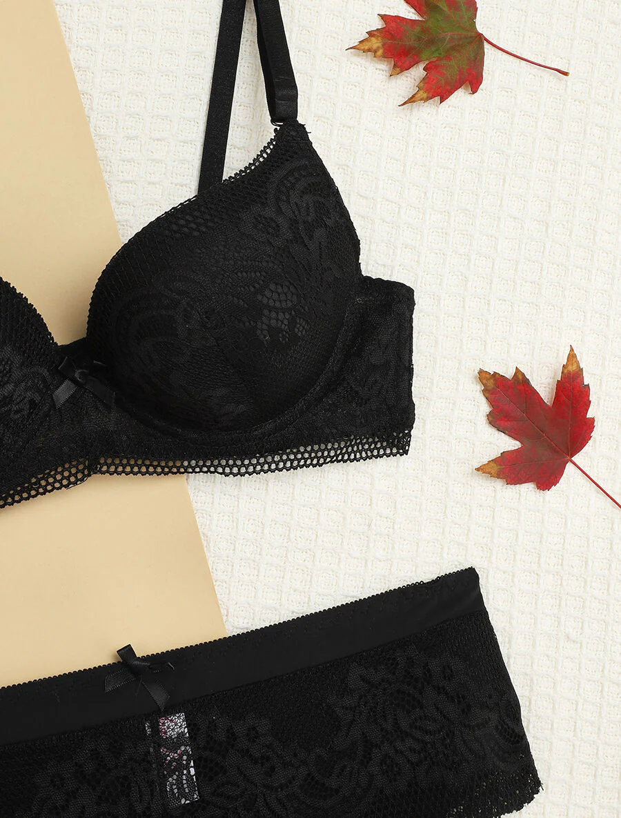 Set push-up met geborduurde bloemen en shorty - Zwart - Image 3