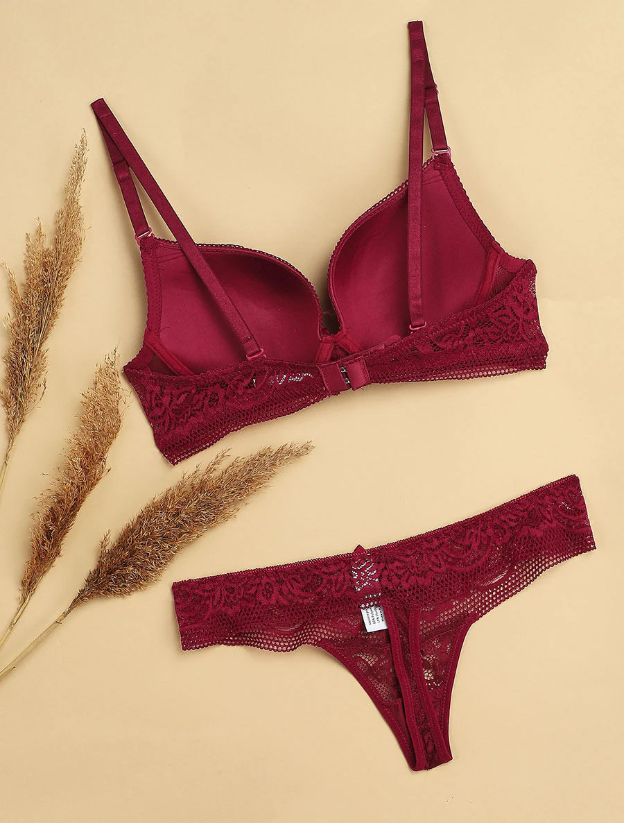 Set push-up met geborduurde bloemen en string - Pruimkleurig - Image 2