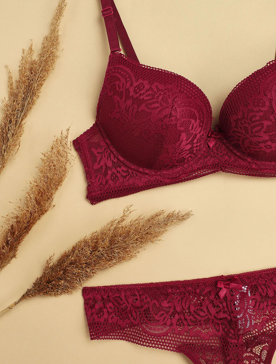 Set push-up met geborduurde bloemen en string - Pruimkleurig - Image 3