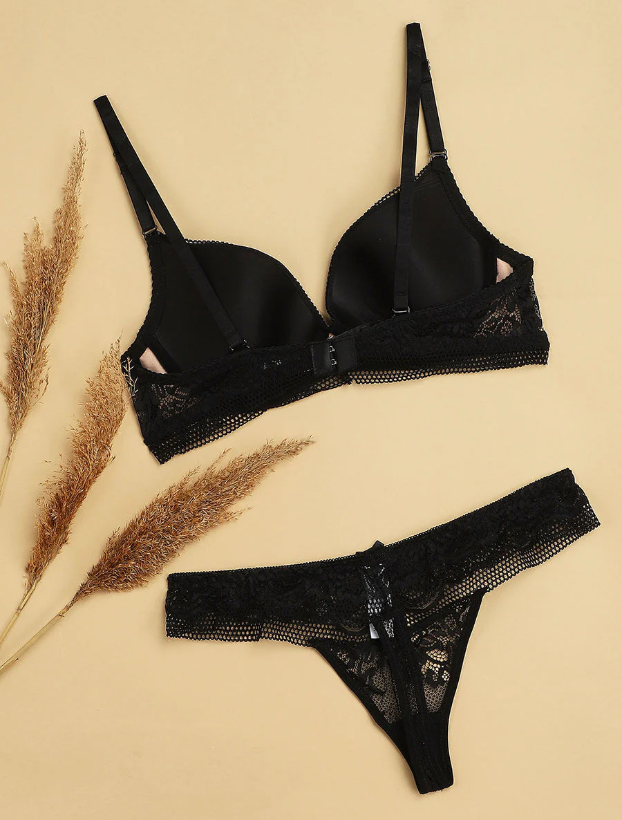 Set push-up met bloemenborduursel en string - Zwart/nude - Image 2