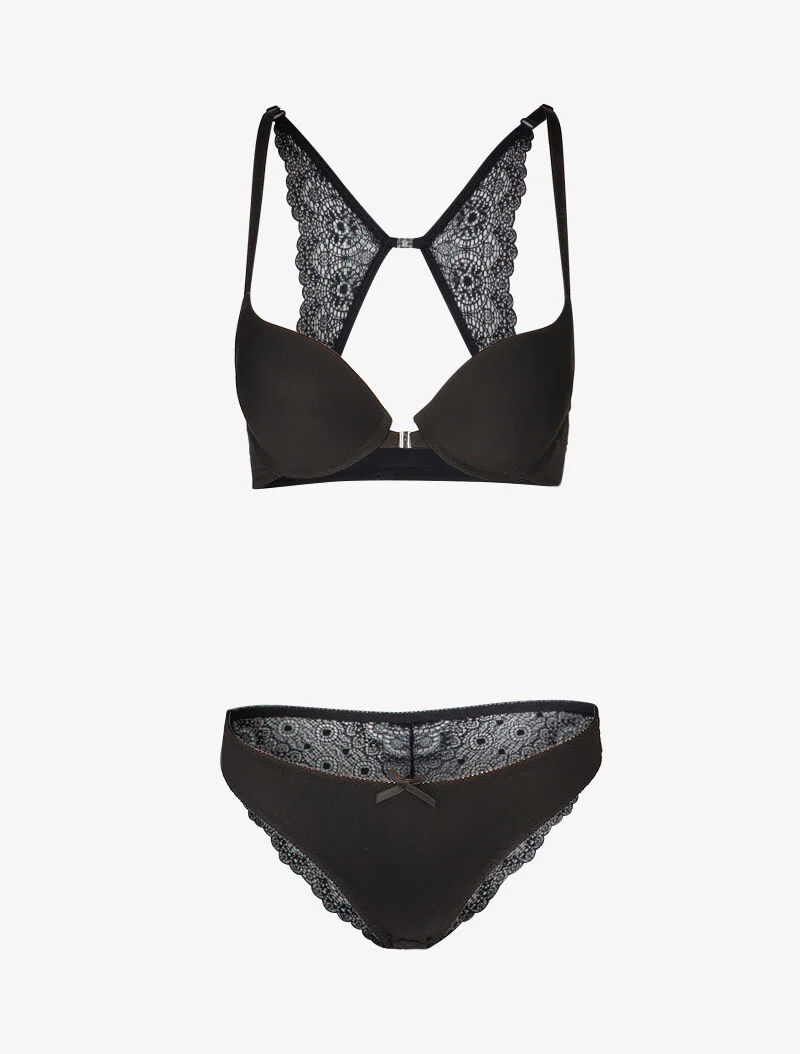 Satijnen push-up set met voorsluiting - zwart