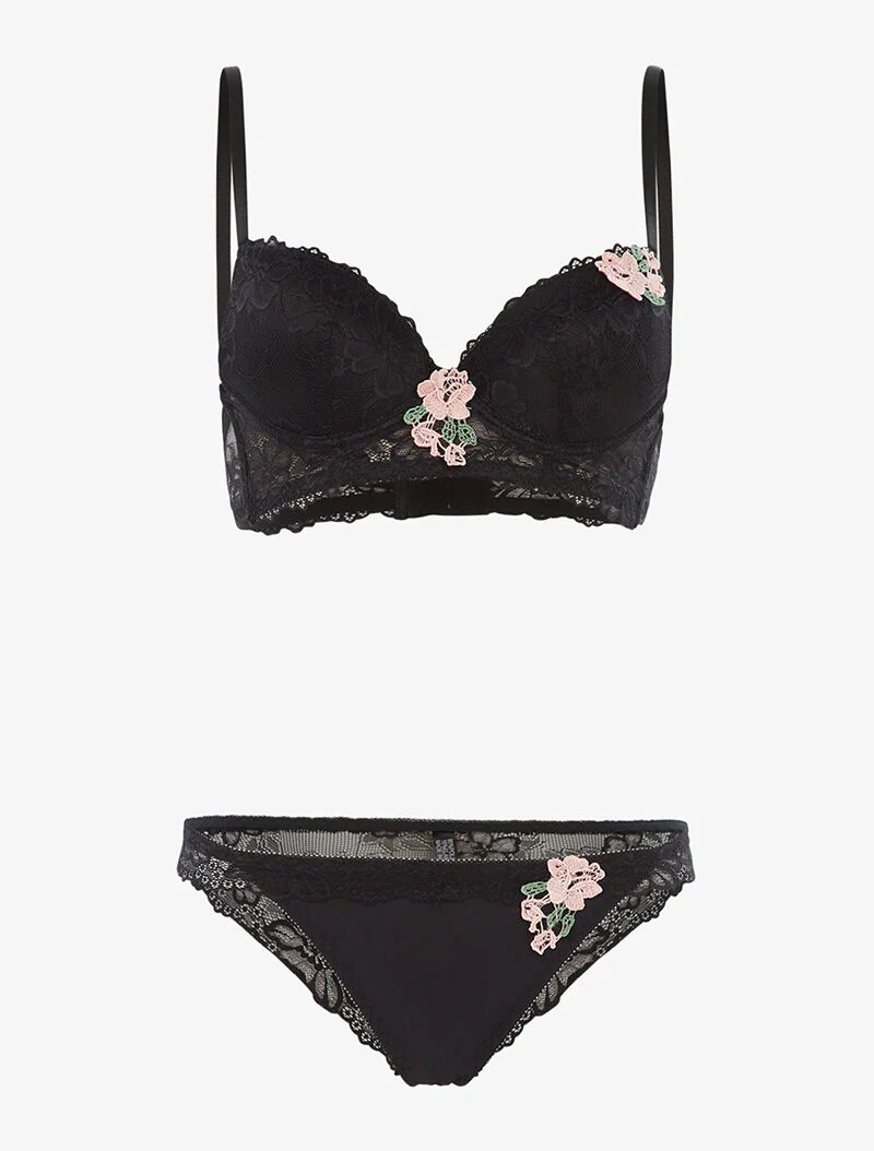 Set SG en string met geborduurde bloemeninzet - zwart