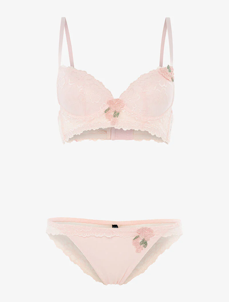 Set SG en string met geborduurde bloemeninzet - poederroze - roze oranje