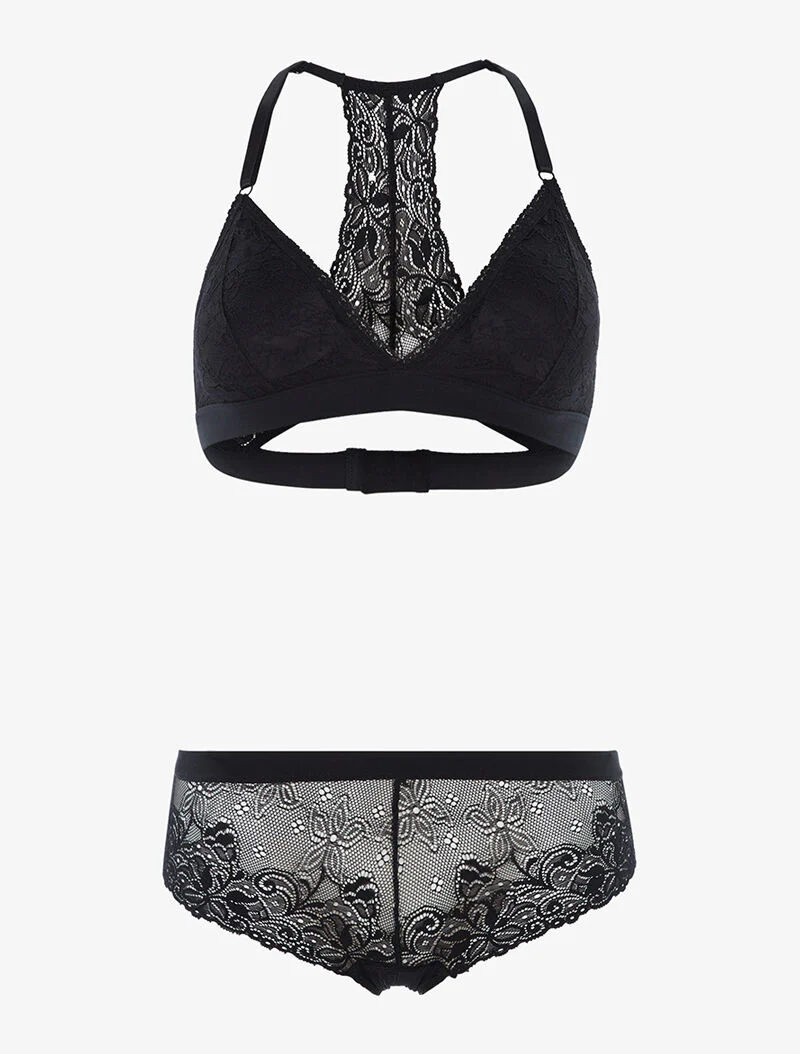 Set kanten triangle racerback en shorty - zwart