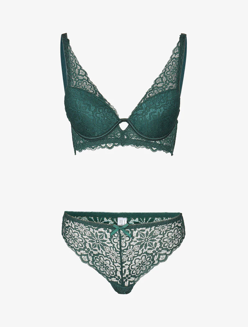 Set van bloemige kanten lingerie met vulling - groen
