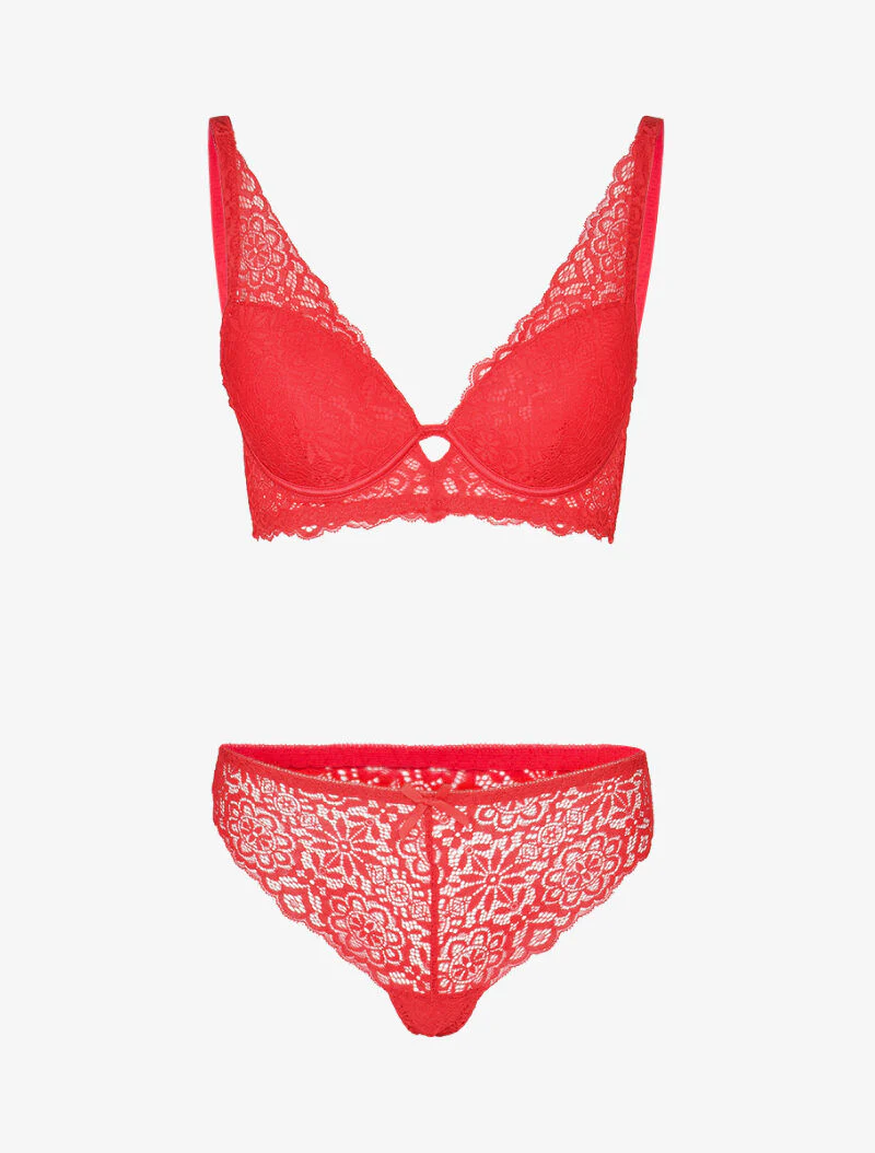 Set van bloemige kanten lingerie met vulling - rood