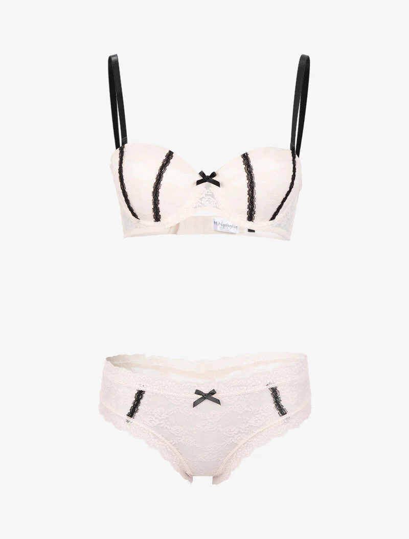 Set met contrasterende bandjes in kant - roze