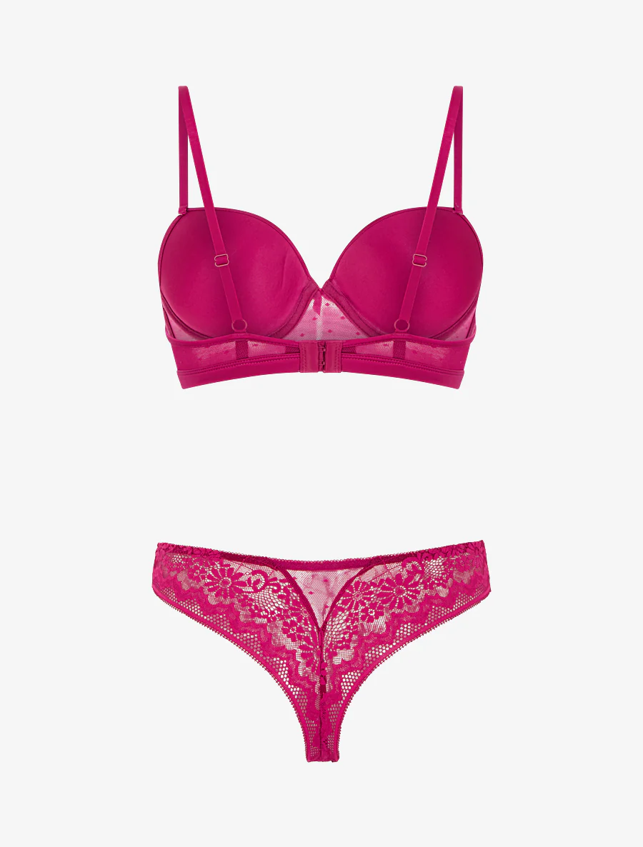 Set van opengewerkte bh en string met satijnen detail - Fuchsia - Image 3