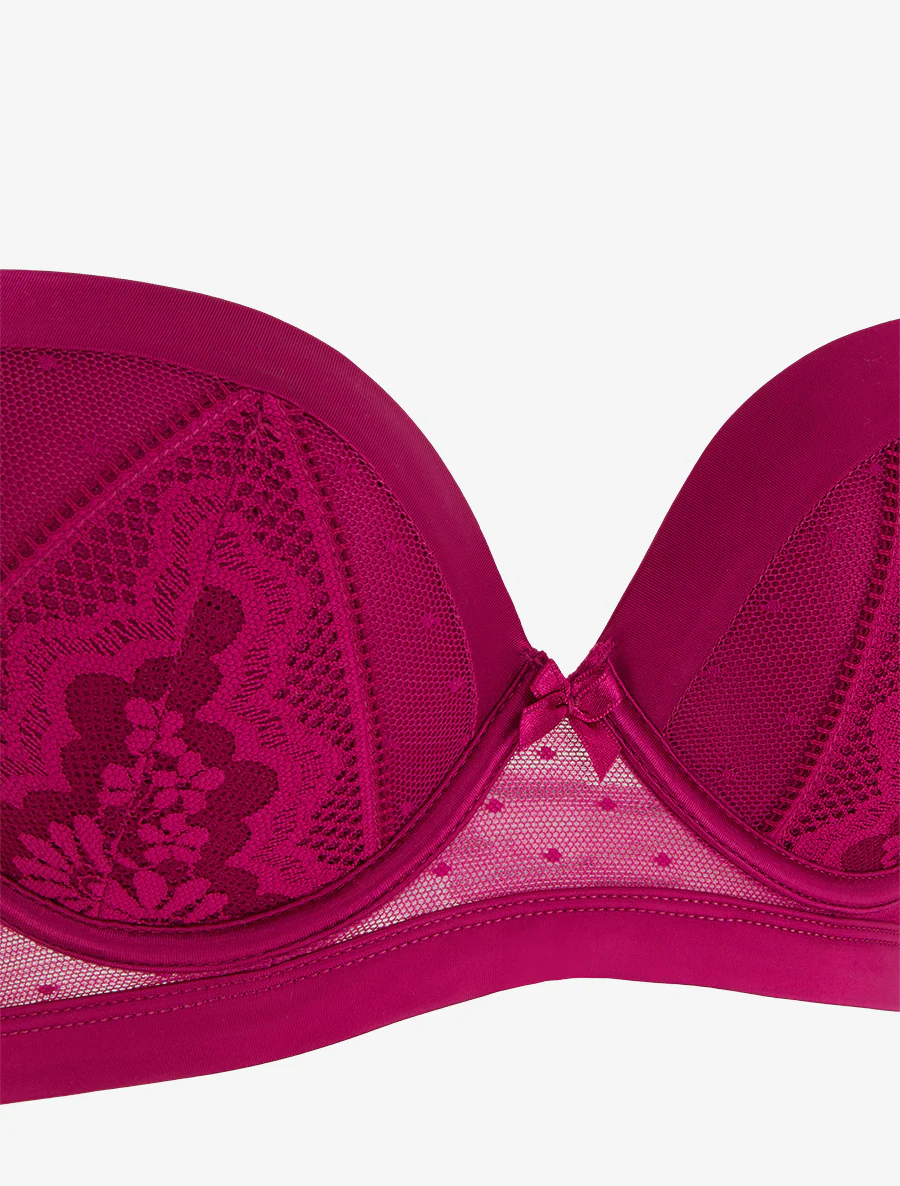 Set van opengewerkte bh en string met satijnen detail - Fuchsia - Image 4