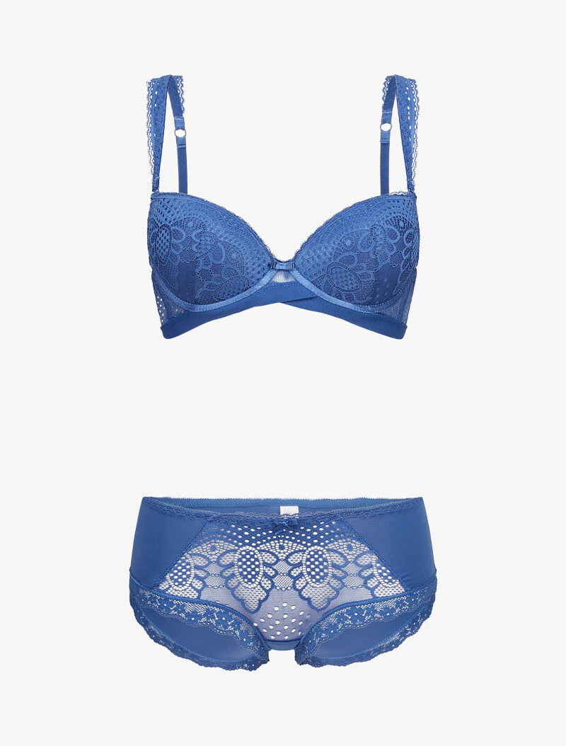 Setjes met bandjes met kanten randen en opengewerkte shorty - blauw