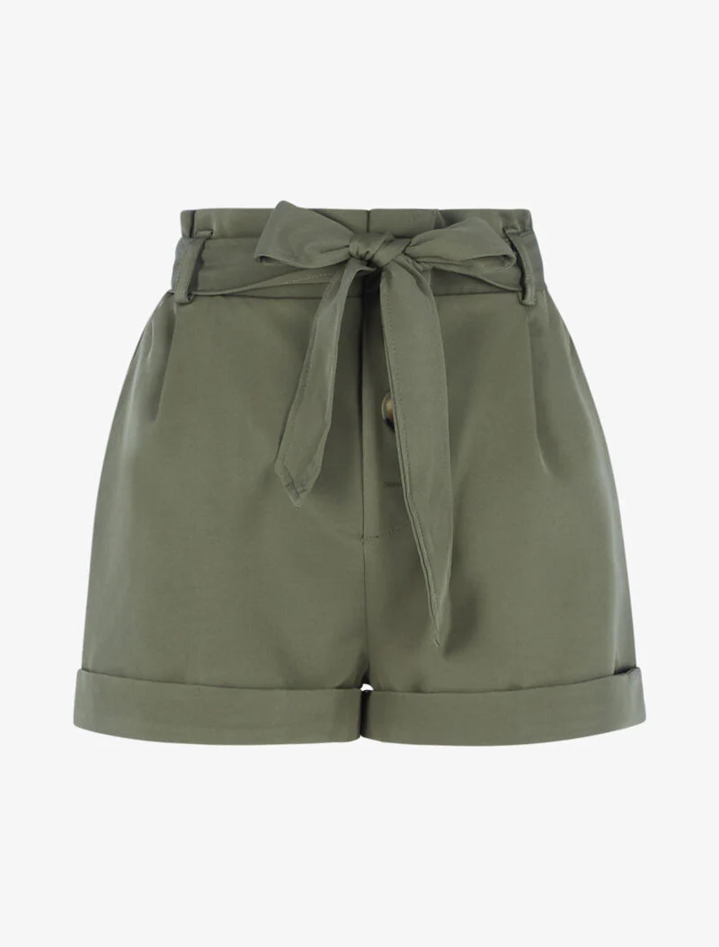 Hoge taille korte broek met zomen - kaki