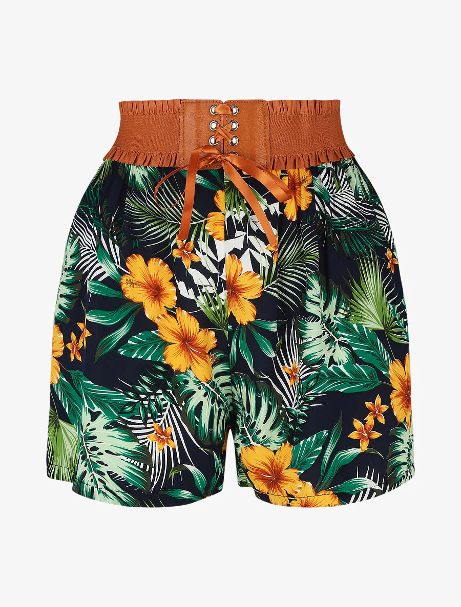 Short met hoge taille in corsetstijl met bloemenprint - Marineblauw